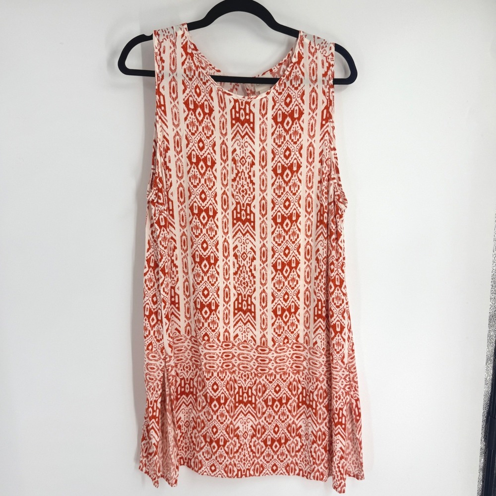 Chico's Red White Ikat Geometric Sleeveless Tunic Top Size 3 XL 16 Viscose